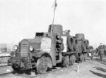Two Sumida M.2593 (Army Type 91) armored cars hooked in tandem on rail tracks, 1933