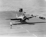 FM-2 Wildcat of Composite Squadron VC-90 coming aboard the escort carrier USS Steamer Bay in the Pacific, circa 1944
