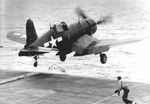 FG-1D Corsair being catapulted off the deck of Casablanca-class escort carrier USS Sargent Bay, early 1945. Note the catapult bridle a moment after disengaging from the airplane.