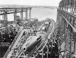 Sargo-class submarine Saury under construction on the ways at the Electric Boat Company, Groton, Connecticut, United States, 16 Apr 1938.