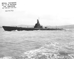 Sargo-class submarine USS Saury underway off Mare Island Navy Yard, Vallejo, California, United States, 28 May 1944. Note that Saury’s deck gun has been moved back to abaft the conning tower.