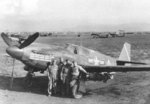A-36A Mustang aircraft 42-84067 of the 527th FBS, 86th BFG, Gaudo Airfield, southern Italy, 14 Jan 1944; note chin-mounted guns and the bombing mission markings on the cowl