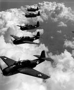 TBF Avenger torpedo bombers flying in formation above Norfolk, Virginia, United States, Sep 1942