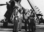Pilots of US Marine Corps squadron VMF-251 posing with a Corsair fighter, 1948; seen in Aug 1948 issue of US Navy publication Naval Aviation News