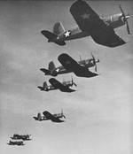 F4U-1 Corsair fighters of US Navy VF-17 squadron in flight, 1943; seen in 15 Jul 1943 issue of US Navy publication US Naval Aviation News