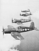 F4U-1A Corsair fighters of US Navy squadron VF-17 in flight, Southwest Pacific, 1944; seen in Feb 1969 issue of US Navy publication Naval Aviation News