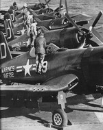 F4U-4 Corsair fighters of US Marine Corps squadron VMF-212 aboard USS Rendova, 1951; seen in Feb 1952 issue of US Navy publication Naval Aviation News