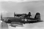 AU-1 Corsair aircraft of US Marine Corps squadron VMA-323 in flight over Korea, circa 1953; seen in May-Jun 2003 issue of US Navy publication Naval Aviation News
