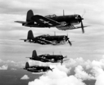 F4U-1 Corsair fighters in flight over Naval Air Station Jacksonville, Florida, United States, 1944