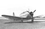 A-24B-1-DT Banshee aircraft (serial number 42-54372) at rest with dive brakes extended, 1943-45; note P-47 and B-24 aircraft in background