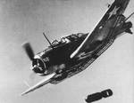 A Dauntless dive bomber releasing a bomb, May 1942-Jun 1943