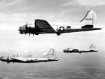 B-17 Flying Fortress bomber and B-29 Superfortress bomber in flight together during a test conducted by Boeing, circa late 1944, photo 3 of 3