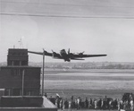 B-17F Fortress aircraft of the 91st BG, 8th Air Force executing a low fly-over during a demonstration at Bassingbourn, England, United Kingdom, 1943, photo 2 of 2