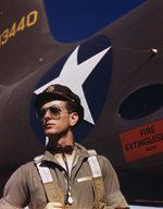 US Army test pilot F. W. Hunter posing before an A-20 Havoc aircraft at the Douglas Aircraft Company plant at Long Beach, California, United States, Oct 1942