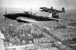 Soviet Il-2 aircraft in flight over Berlin, Germany, 1945