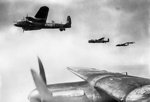 British Lancaster bombers of No 50 Squadron RAF flying in loose formation over Lincolnshire, England, UK, 23 Jul 1943
