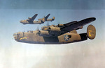 Four US B-24 Liberator aircraft of the 93rd Bomb Group, 330th Bomb Squadron in formation, Dec 1942-Jun 1943