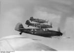 German Bf 109 fighters in flight, circa late 1944, photo 1 of 2