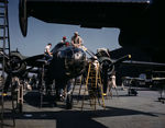 North American Aviation factory workers completing the construction of a B-25 Mitchell bomber, Inglewood facility, Los Angeles, California, United States, Oct 1942, photo 1 of 2