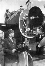 Radar installed in the nose of a P-61 Black Widow aircraft, circa 1946-1949
