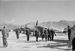 Greek Prime Minister George Papandreou, Greek Air Minister M. Fikioris, British Air Commodore Geoffrey Tuttle inspecting No. 336 (Hellenic) Squadron RAF, Kalamaki Airfield, Athens, Greece, 1945