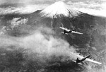 B-29 Superfortress bombers of US 73rd Bomb Wing flying near Mount Fuji, Japan, 1945