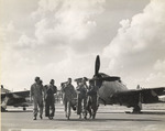 Pilots of the New Jersey National Guard 108th Fighter Group, Fort Dix Army Air Force base, New Jersey, United States, Sep 1947; note P-47 Thunderbolt aircraft in background