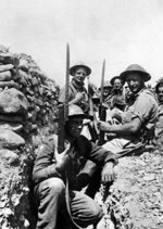 A group of British soldiers in a trench with fixed bayonets, Crete, Greece, late May 1941