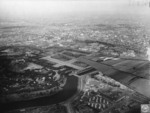 Aerial view of the Imperial Palace and neighborhoods to its east, Tokyo, Japan, 28 Sep 1945