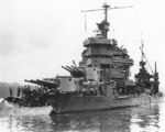 USS Minneapolis in Tulagi, Solomon Islands, under repair for torpedo damage received during Battle of Tassafaronga, 1 Dec 1942; note her bow being cut away