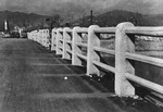 Bridge over the Ota River in Hiroshima, Japan, scorched by the atomic bomb blast, 1945; note permanent shadows on the bridge surface