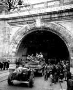 African-American soldiers of the US Army 92nd Infantry Division entering the Galleria Giuseppe Garibaldi, Genoa, Italy, 27 Apr 1945