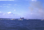 Battleship Tennessee fired her 14-inch guns at targets on Iwo Jima as LVTs headed for the landing beaches, 19 Feb 1945, photo 2 of 2