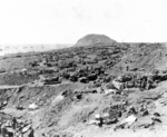 View of the invasion beach and Mount Suribachi, Iwo Jima, Japan, Feb 1945