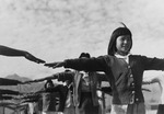 Japanese-American internees exercising, Manzanar War Relocation Center, California, United States, 1943