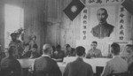 Lieutenant General Xiao Yisu speaking with the local Japanese surrender delegation, Zhijiang, Hunan Province, China, 21 Aug 1945, photo 2 of 2