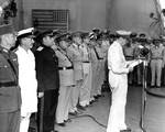 General Douglas MacArthur speaking aboard USS Missouri, Tokyo Bay, Japan, 2 Sep 1945, 3 of 4