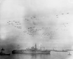 US Navy carrier aircraft flew in formation over AGC-4 Ancon in Tokyo Bay during surrender ceremonies, 2 Sep 1945