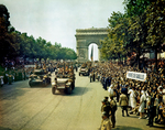 French 2nd Armored Division troops and vehicles parading through the Arc de Triomphe down the Avenue des Champs-Élysées, Paris, France, 26 Aug 1944
