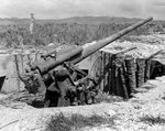 Japanese 120mm dual-purpose gun on hill east of the Orote Peninsula Airfield, Guam, Mariana Islands, 5 Oct 1944