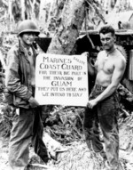 US Marines showing their appreciation to the US Coast Guard during the invasion of Guam, Mariana Islands, Aug 1944