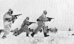 Soviet troops fighting in snowy terrain near Moscow, Russia, late 1941