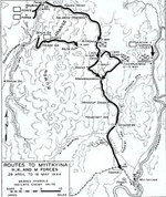 Map depicting the movement of Allied H, K, and M forces toward Myitkyina, Burma, 28 Apr to 16 May 1944
