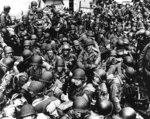 US Army troops aboard a LCT landing craft, ready to cross the English Channel to France, 12 Jun 1944