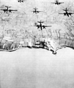 Pre-invasion bombing by A-20 bombers of Pointe du Hoc at Omaha Beach, Normandy, France, 6 Jun 1944