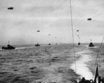 Allied fleet crossing the English Channel, 6 Jun 1944; note the observation balloon above each ship