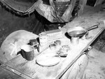 A typical meal for the US Marines in the field, photo taken at Peleliu, Palau Islands, Oct 1944; note canned pork loaf, crackers, lemonade, and dried peaches