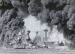 Burning battleships Arizona, West Virginia, and Tennessee at Pearl Harbor, US Territory of Hawaii, 7 Dec 1941