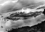 Aerial view of Ford Island in Pearl Harbor during the Japanese attack, 7 Dec 1941; photo taken from a Japanese aircraft