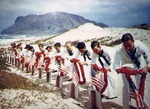 US Navy sailors honoring fellow sailors killed during the Pearl Harbor attack, Naval Air Station Kaneohe, Oahu, US Territory of Hawaii, possibly 31 May 1942